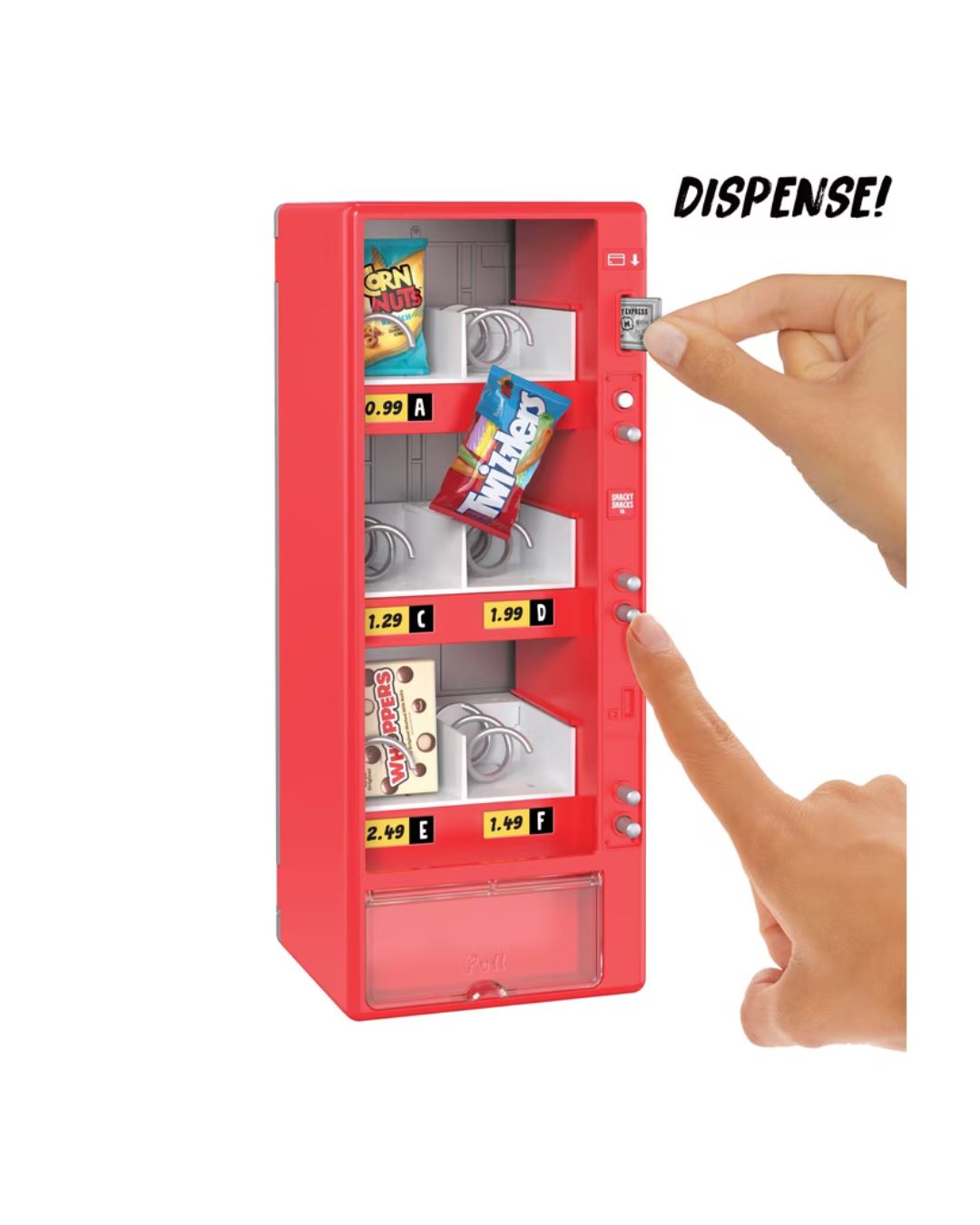 A red toy vending machine with snack compartments and a clear front panel, shown on a white background with two hands pressing buttons and the word 'DISPENSE!' printed in the top right.