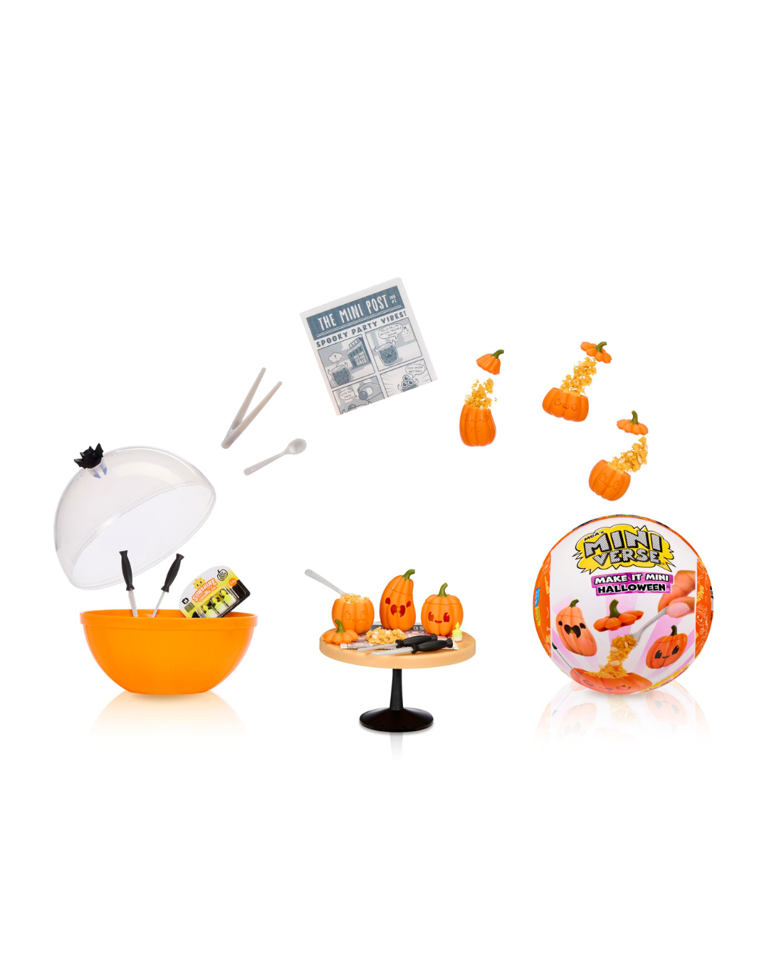 Halloween-themed mini food play set with a small orange bowl, white lid, miniature serving utensils, a small table with jack-o'-lanterns and pizza, floating pumpkin pieces, and a round branded ball package labeled 'GURU CHICKEN STRAWBERRY'.