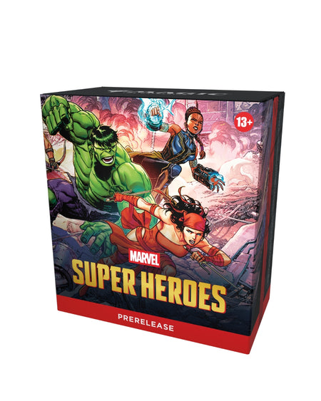 Magic: The Gathering-Marvel Super Heroes Prerelease box set featuring comic book characters including Hulk, Storm, and Scarlet Witch on the cover, with a red base and a small 13+ age rating badge.