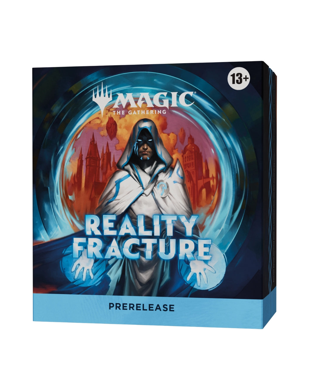 Magic: The Gathering 'Reality Fracture' prerelease box, featuring artwork of a hooded mage casting a spell with blue energy swirls and a fiery orange cityscape background. The box is shown at a three-quarter angle on a plain white background.