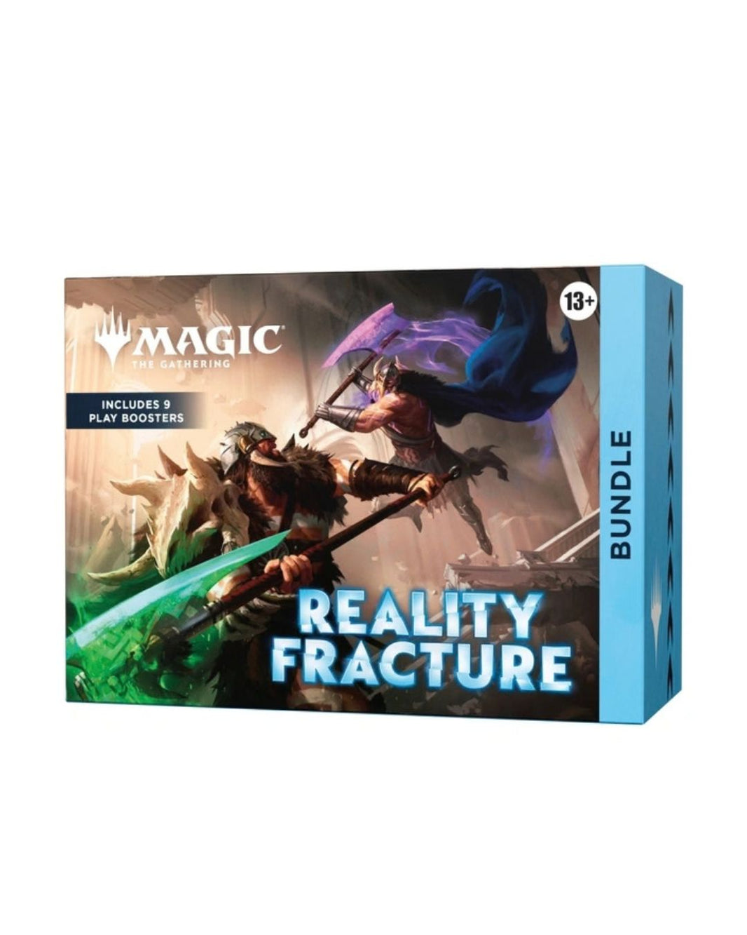 Magic: The Gathering Reality Fracture Bundle box, featuring fantasy artwork of a warrior with a glowing green sword and a blue-clothed figure, with a bright blue side panel.