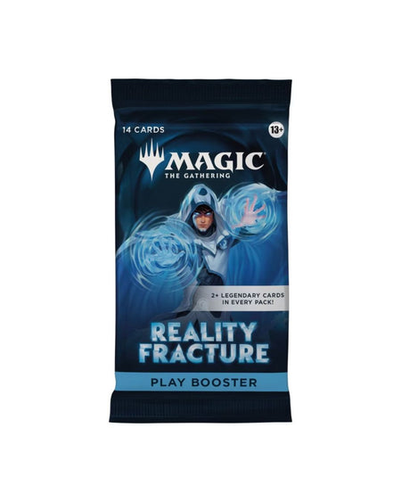 A Magic: The Gathering 'Reality Fracture' booster pack featuring a dark blue and black design with a graphic of a player in a white hoodie surrounded by blue energy effects.
