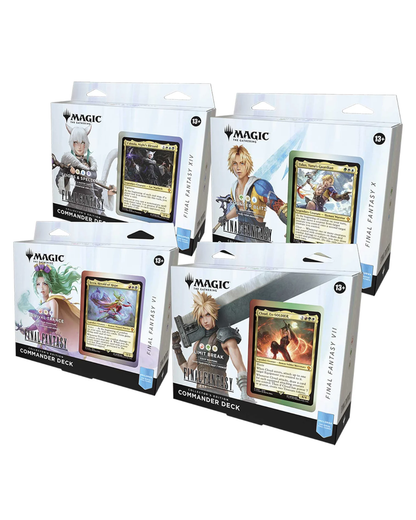 Four Magic: The Gathering Commander Deck boxes from Final Fantasy VII, VIII, IX, and X arranged on a white background.