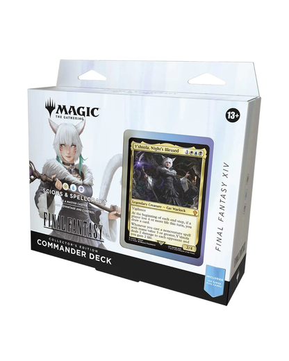 Magic: The Gathering Commander Deck box for Final Fantasy XIV, featuring artwork of a white-haired fantasy character and a sample card on a clean white background.