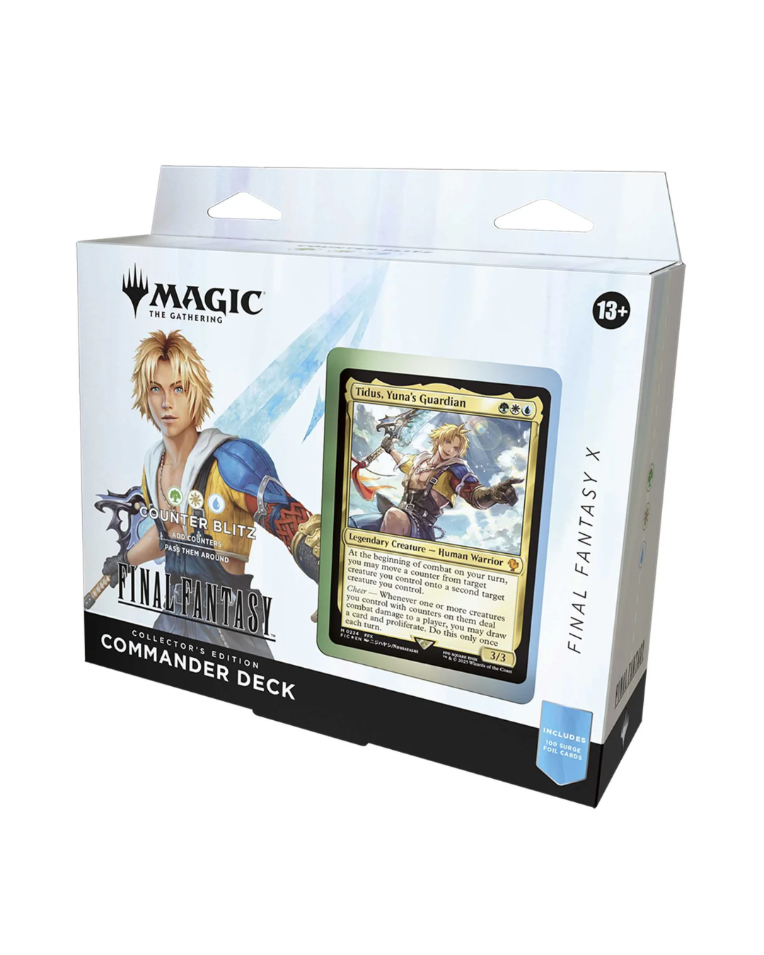 Magic: The Gathering Commander Deck: Final Fantasy X Limited Edition card deck box, featuring artwork of Cloud Strife and a preview of a character card on the front.