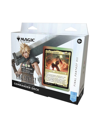 Magic: The Gathering Commander Deck set box for Final Fantasy VII, featuring character artwork and a sample of the Ex-Golden card on the front of the packaging.