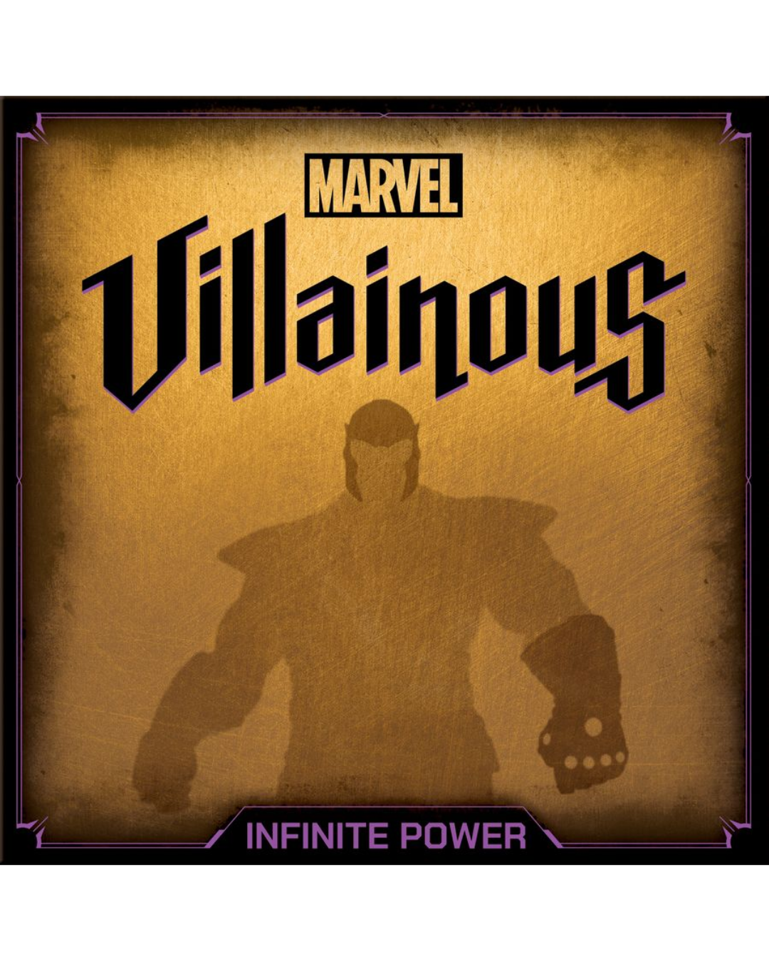 Marvel Villainous Infinite Power board game art featuring a textured gold background, the Marvel logo, the stylized Villainous title, and a dark silhouette of a masked villain holding a gauntlet.