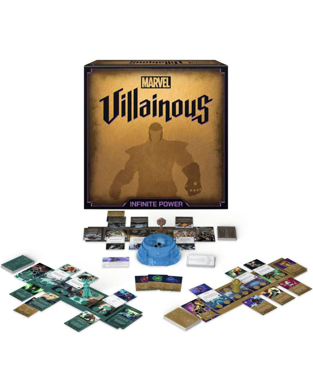 Marvel Villainous Infinite Power board game set displayed on a white background, showing the main box, game components, cards, tokens, and a blue spinner.