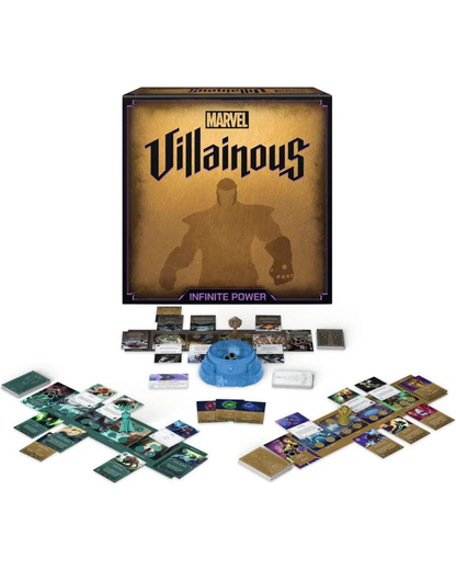 Marvel Villainous Infinite Power board game set displayed on a white background, showing the main box, game components, cards, tokens, and a blue spinner.