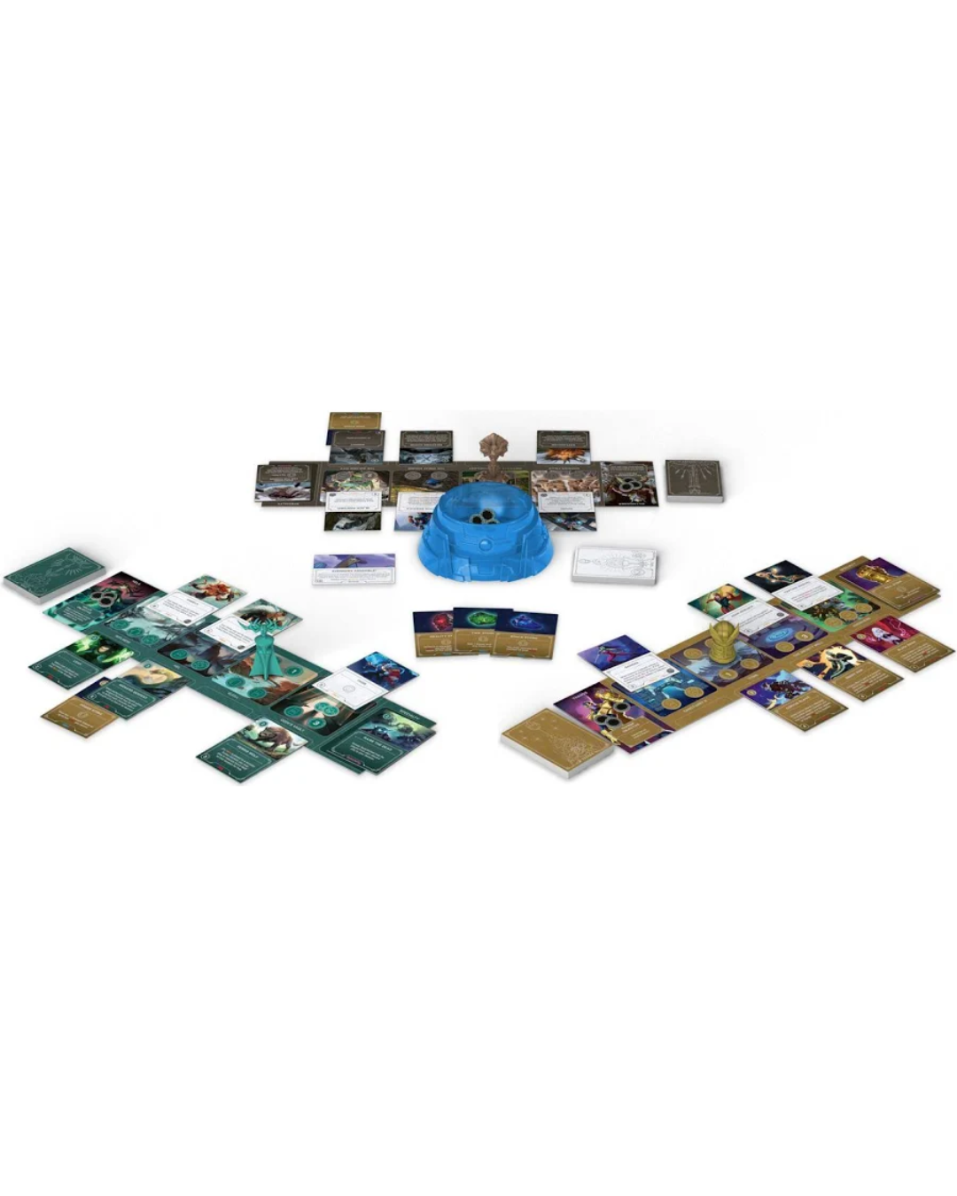 A tabletop game set spread out on a white background, featuring illustrated cards, a blue circular token or spinner, and small game pieces.