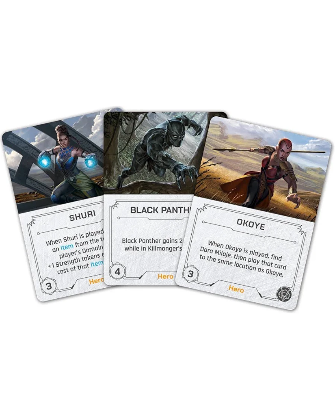 Three illustrated game cards fanned out on a light gray background. The cards feature fantasy artwork and titles including Shuri, Black Panther, and Okye, with rule text printed on the white card bases.
