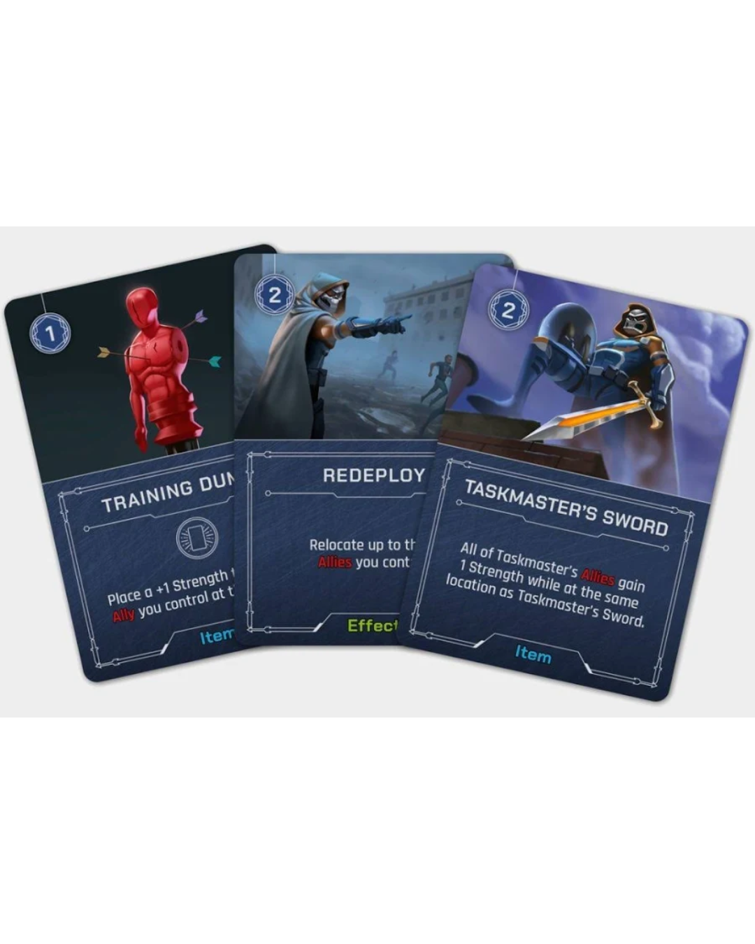 Three game cards fanned out against a light gray background, featuring illustrated sci-fi fantasy artwork and card titles including Training Duty, Redploy, and Taskmaster's Sword.