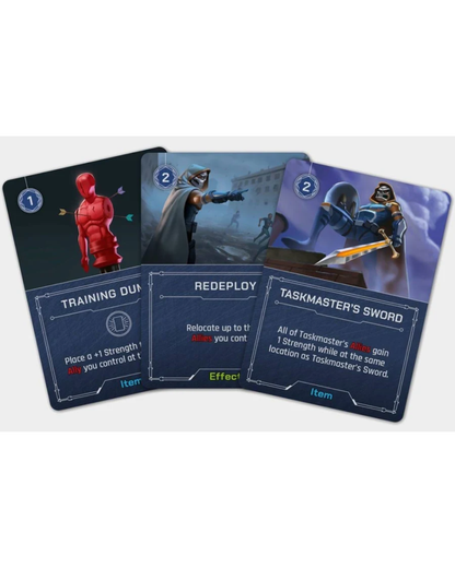 Three game cards fanned out against a light gray background, featuring illustrated sci-fi fantasy artwork and card titles including Training Duty, Redploy, and Taskmaster's Sword.