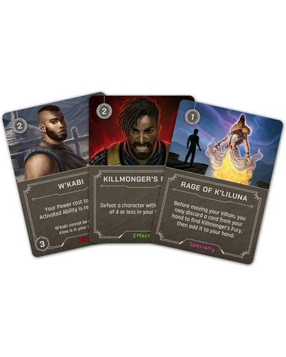 Three fantasy tabletop gaming cards fanned out on a white background, featuring illustrated characters and rules text.