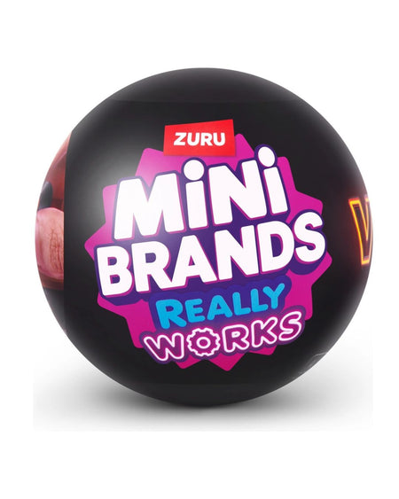 A black spherical product container or package featuring colorful printed text that reads 'ZURU Mini Brands Really Works' on a white background.
