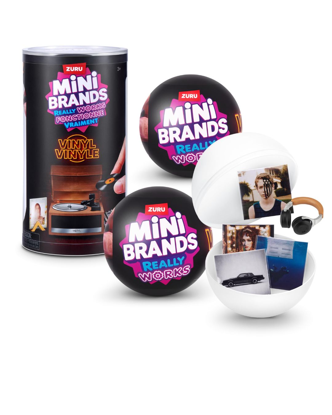Zuru Mini Brands vinyl record mystery toy set, featuring a tall cylindrical tin, two black spherical eggs, and an open white spherical egg displaying printed photos and a small wooden earbud, on a white background.