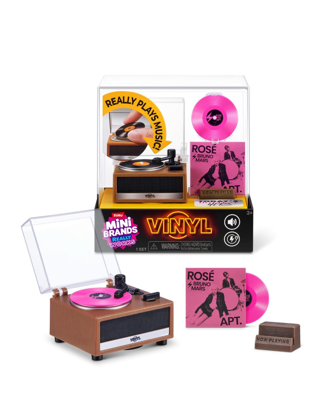 Mini vinyl record player toy set with a brown turntable, pink records, a clear display case, and branded packaging on a white background.