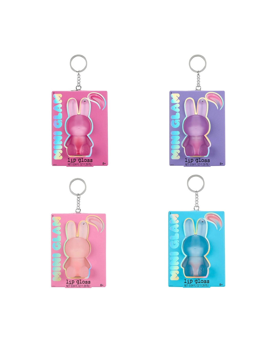 Four mini bunny-shaped lip glosses in colorful packaging, arranged in a 2x2 grid on a white background. Each gloss is in a different pastel color: pink, purple, light pink, and light blue, with silver keychain rings at the top.