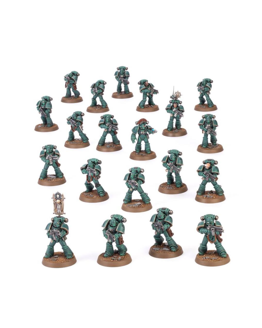 A set of painted miniature sci-fi soldier figures in green armor with brown circular bases, arranged on a plain white background.