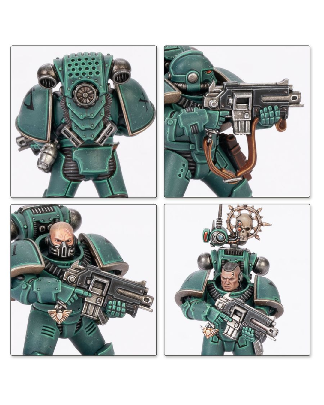 Four-panel close-up collage of a painted Warhammer armored miniature figure, showing the back armor, weapon detail, face and chest, and a full-body view holding a gun. The figure is primarily dark teal-green armor with silver-gray mechanical details and a small gold emblem.