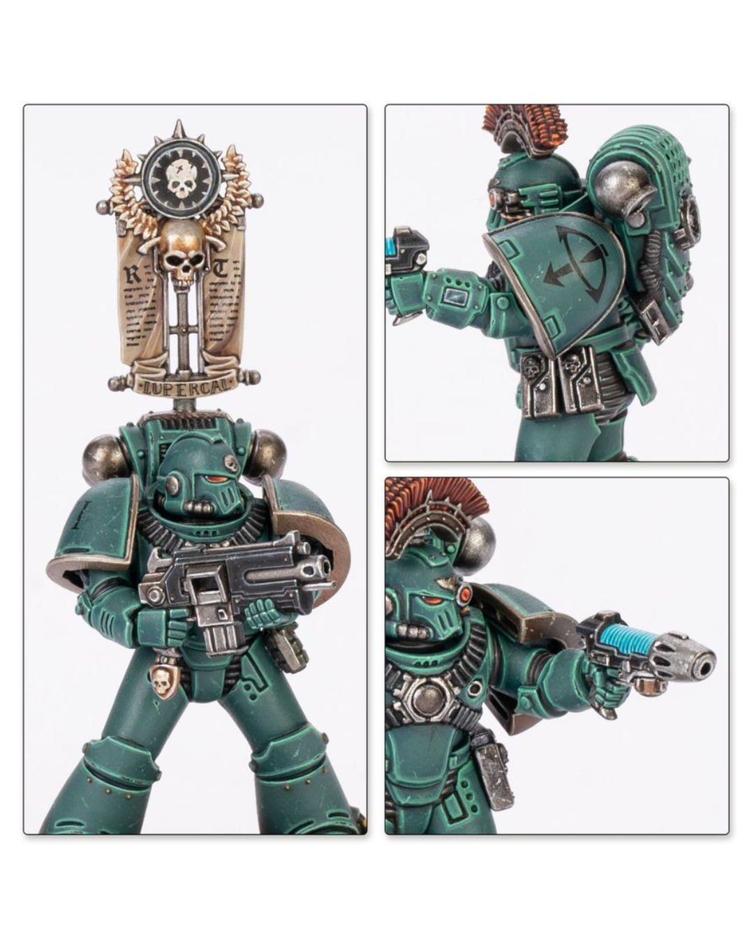 A 3-panel product collage showing a painted sci-fi Warhammer miniature figure from the front, back, and side. The figure is armored in dark teal-green with metallic bronze and silver details, including a large shield, ornate helmet crest, and weapon accessories, set against a plain white background.
