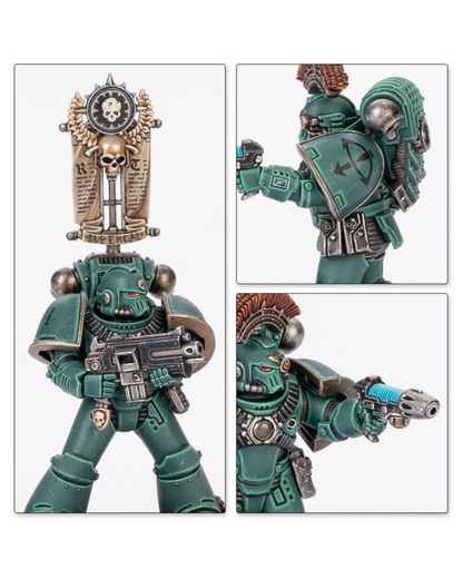 A 3-panel product collage showing a painted sci-fi Warhammer miniature figure from the front, back, and side. The figure is armored in dark teal-green with metallic bronze and silver details, including a large shield, ornate helmet crest, and weapon accessories, set against a plain white background.