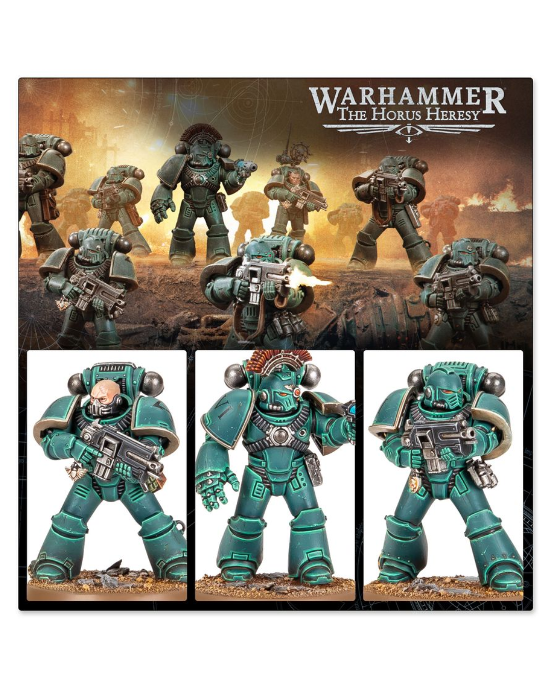 Warhammer: The Horus Heresy painted miniatures set on a display card, featuring three unpainted green and black Space Marine figures shown in detail below a battle scene illustration.