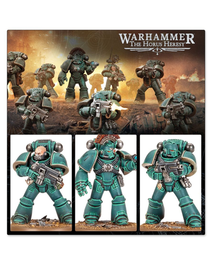 Warhammer: The Horus Heresy painted miniatures set on a display card, featuring three unpainted green and black Space Marine figures shown in detail below a battle scene illustration.