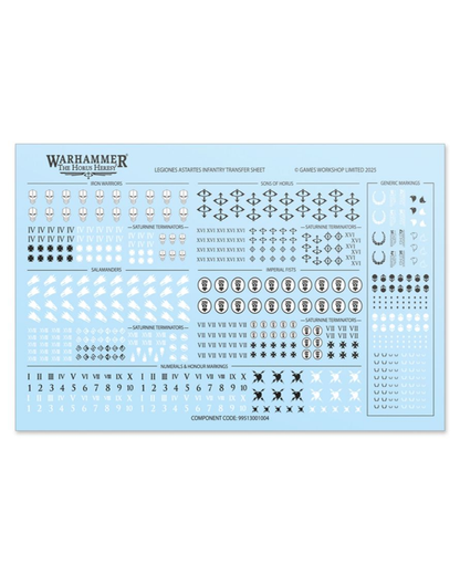 Warhammer 40k Workshop Limited Legacy's Advanced Infantry Transfer Sheet, featuring various black and brown decals, logos, and insignia on a light blue backing sheet.