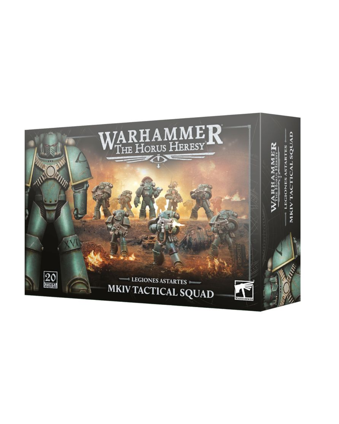 Warhammer 40k The Horus Heresy MKIV Tactical Squad box set, featuring painted miniatures and sci-fi sci-fi artwork on the packaging.