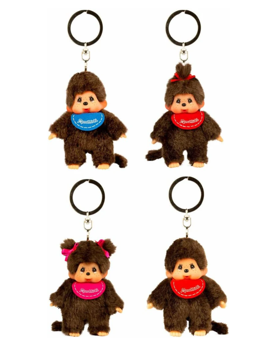 Four mini Monchhichi keychains arranged in a 2x2 grid on a white background. Each keychain has a black metal split ring and a small brown plush character with a fuzzy body, peach-colored face and feet, and a bib in blue, red, or pink.
