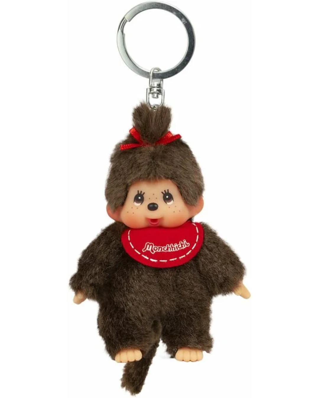 A Monchhichi keychain featuring a small brown plush monkey with a red bow and red bib, attached to a silver metal key ring, shown against a plain white background.
