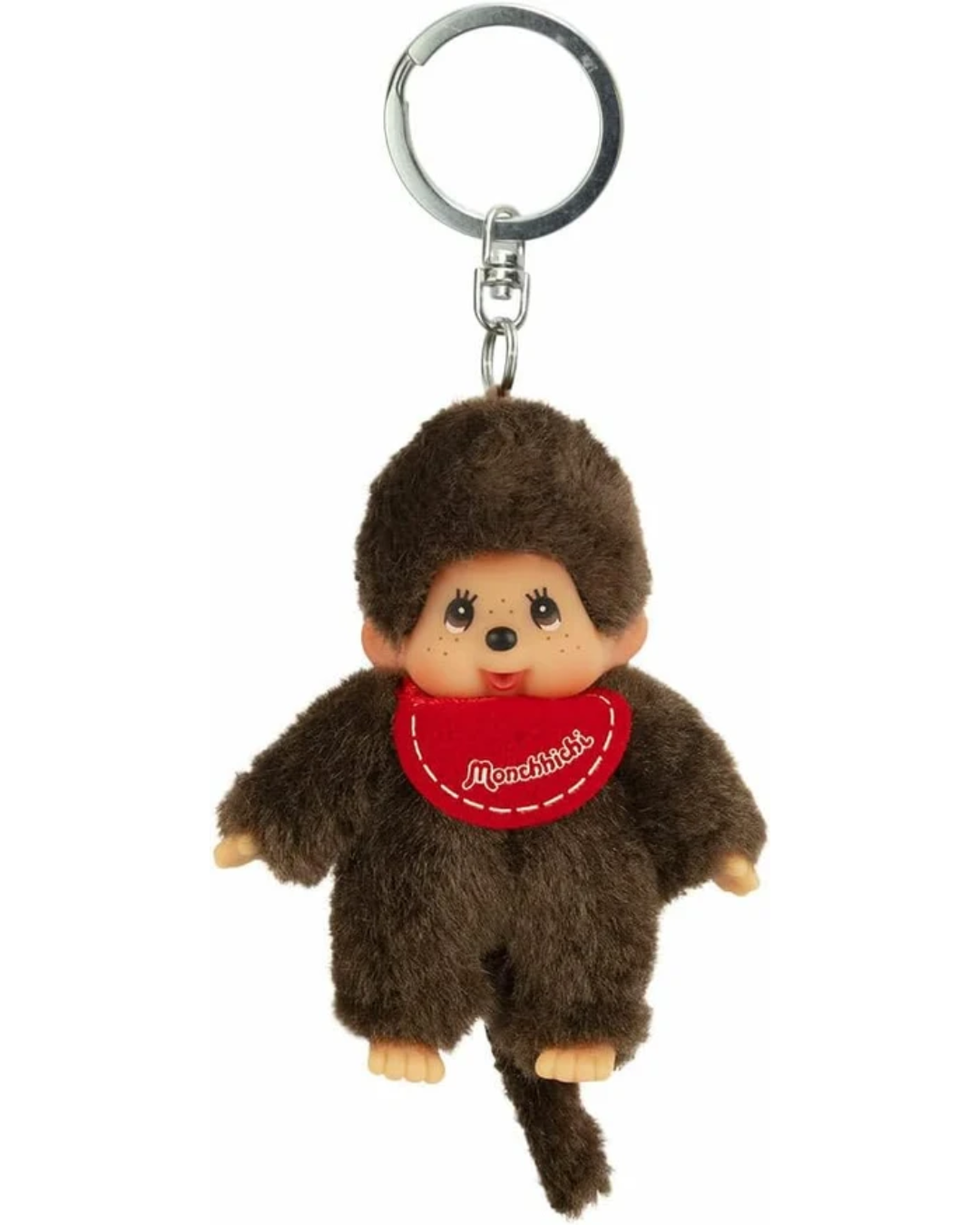 A small brown Monchhichi keychain with a red bib and a silver metal key ring, shown on a plain white background.