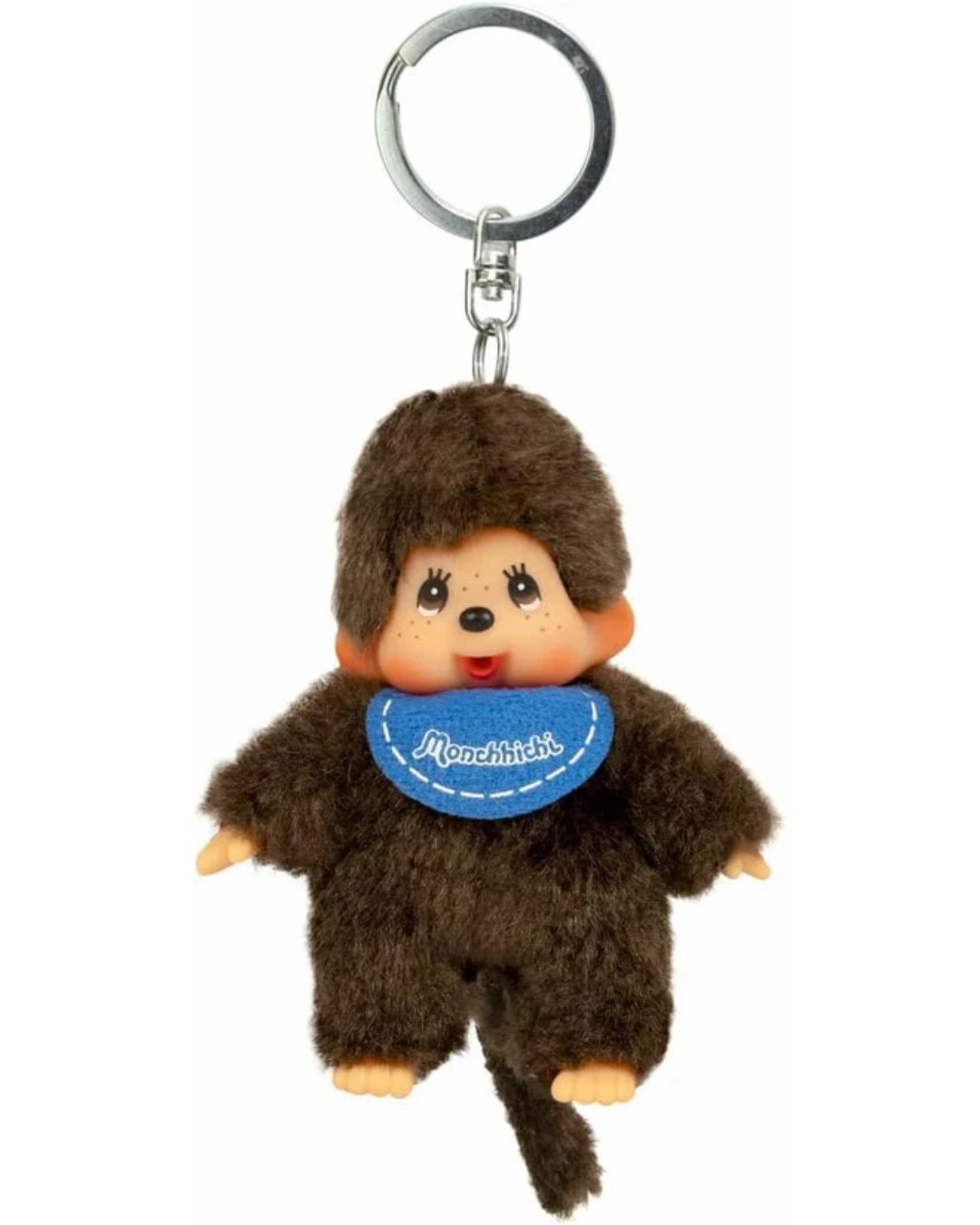A small brown Monchhichi keychain charm with a silver metal key ring, featuring a blue bib with the brand name 'Monchhichi' on a plain white background.