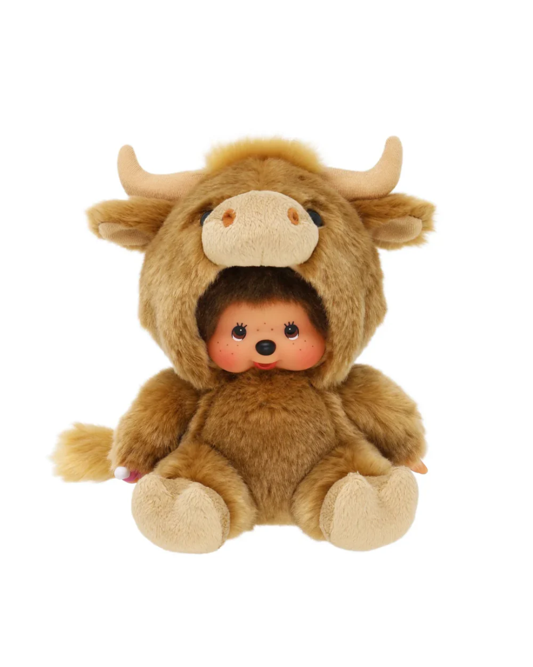 A Monchhichiplush doll featuring a brown and beige bull costume hood with horns, enclosing a small doll with pink cheeks and black eyes, photographed on a solid white background.