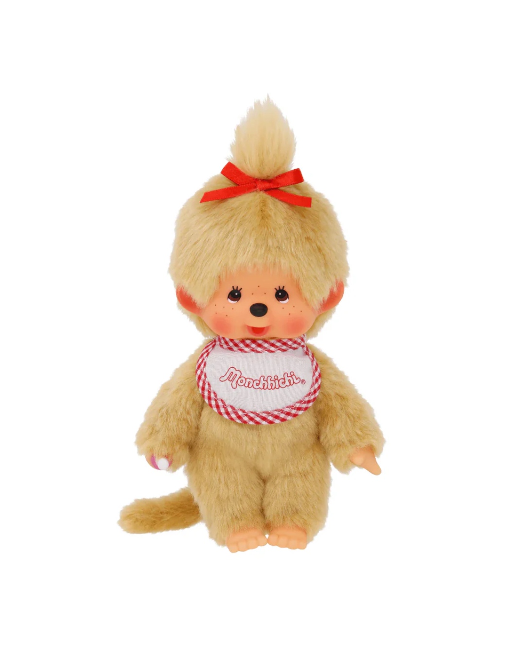 A Monchhichi doll with light tan fur, a red bow in its hair, and a red-and-white checkered bib that reads 'Monchichi' on a plain white background.