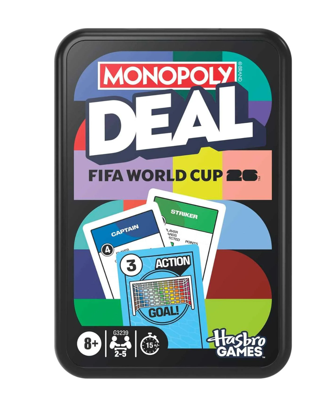 Hasbro Games Monopoly Deal FIFA World Cup 26 board game box on a white background, featuring colorful circular graphics and sample cards.