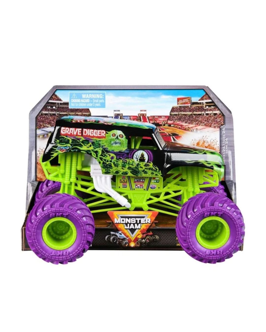 Grave Digger Monster Jam 1:24 toy truck in its original retail packaging, featuring a green and black monster truck with purple tires on a white background.