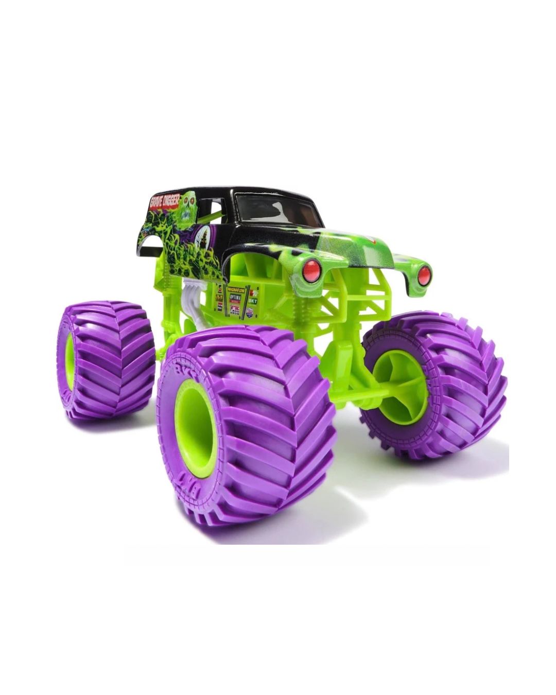 Grave Digger Monster Jam 1:24 toy monster truck with a bright lime green body and oversized purple tires, shown on a clean white background.