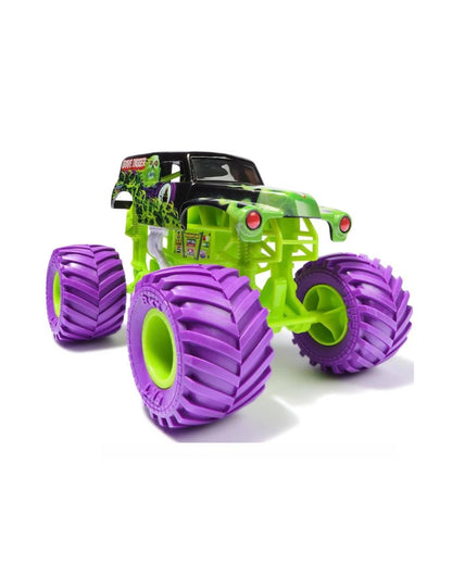 Grave Digger Monster Jam 1:24 toy monster truck with a bright lime green body and oversized purple tires, shown on a clean white background.