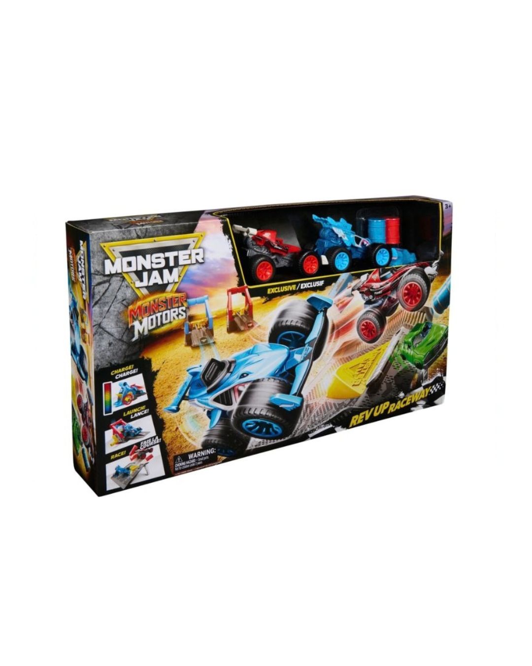 Monster Jam Deluxe Feature Monster Trucks Playset in its original retail packaging with two visible monster trucks and accessories situated on a white background.
