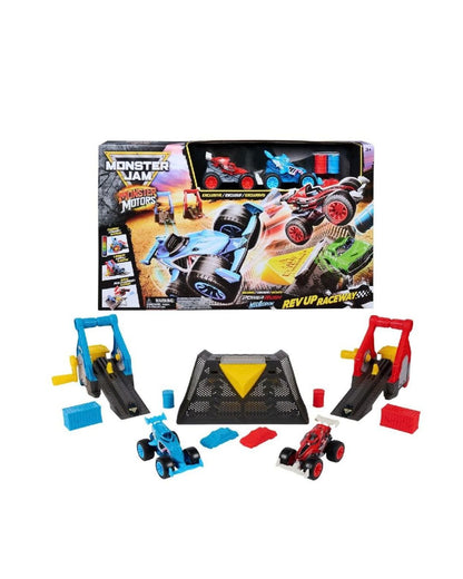 Monster Jam Deluxe Feature Monster Trucks Playset including two monster trucks, a ramp system, and accessories, shown with its retail packaging on a white background.