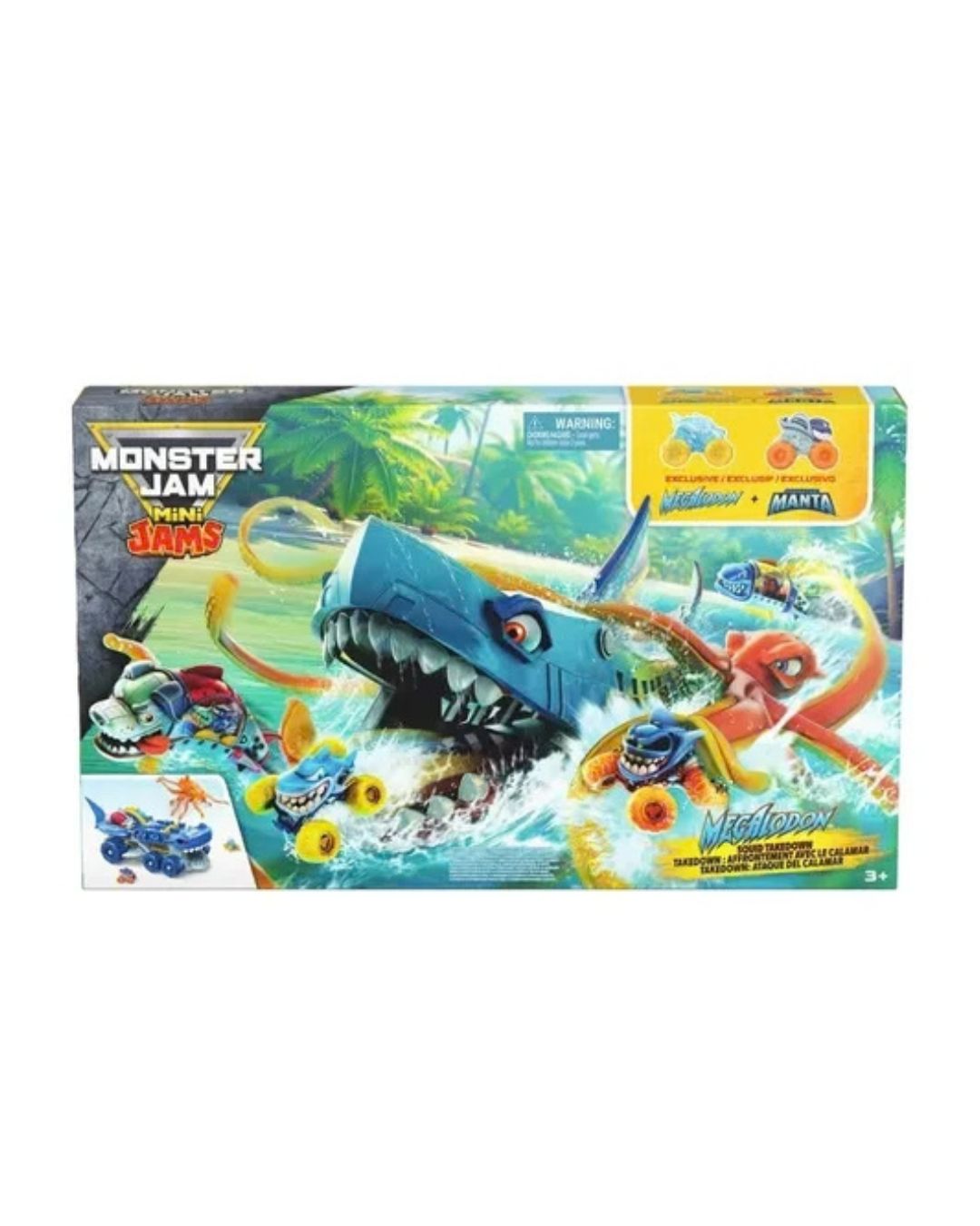 Monster Jam: Mini James Feature Carrier packaging box, displaying a blue shark-like vehicle and orange octapus vehicle.