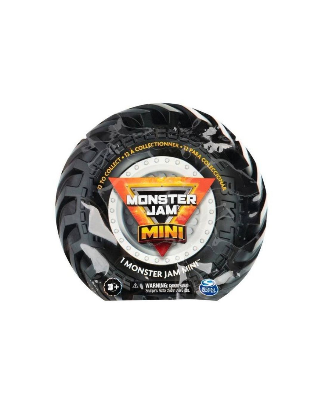 Monster Jam Mini Vehicle Blind Bag Assortment, with 12 miniature vehicles to collect, situated on a white background. 
