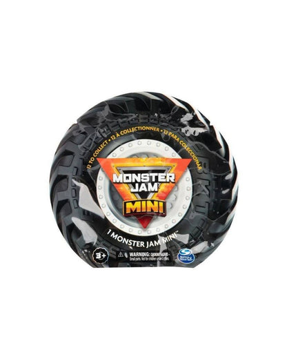 Monster Jam Mini Vehicle Blind Bag Assortment, with 12 miniature vehicles to collect, situated on a white background. 