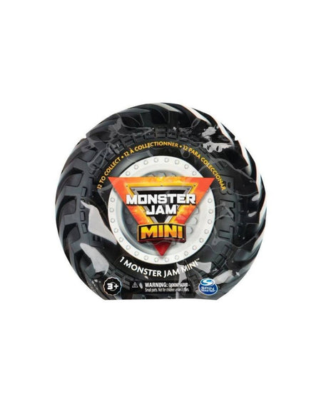 Monster Jam Mini Vehicle Blind Bag Assortment, with 12 miniature vehicles to collect, situated on a white background. 