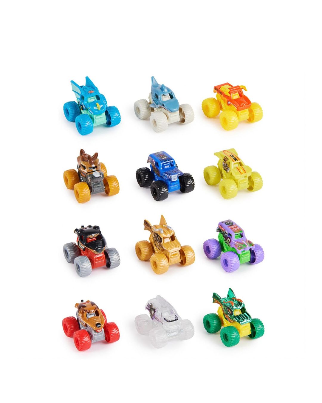 Monster Jam Mini Vehicle Blind Bag Assortment, with 12 miniature vehicles varying in colour and design, situated on a white background.  