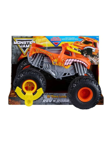 Monster Jam Rev N Roar toy truck in its original retail packaging, featuring an orange and black truck with yellow wheels and a yellow release button on the front.