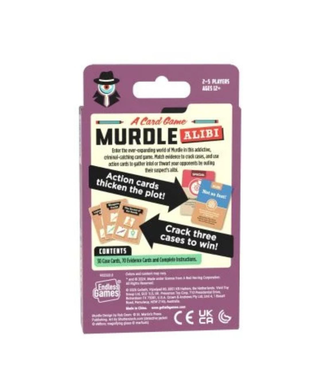 Murdle Alibi card game packaging card, featuring a purple header with a black-and-white character illustration and a white lower section with product details, player count, and feature callouts.