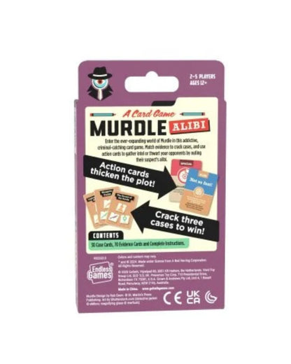 Murdle Alibi card game packaging card, featuring a purple header with a black-and-white character illustration and a white lower section with product details, player count, and feature callouts.